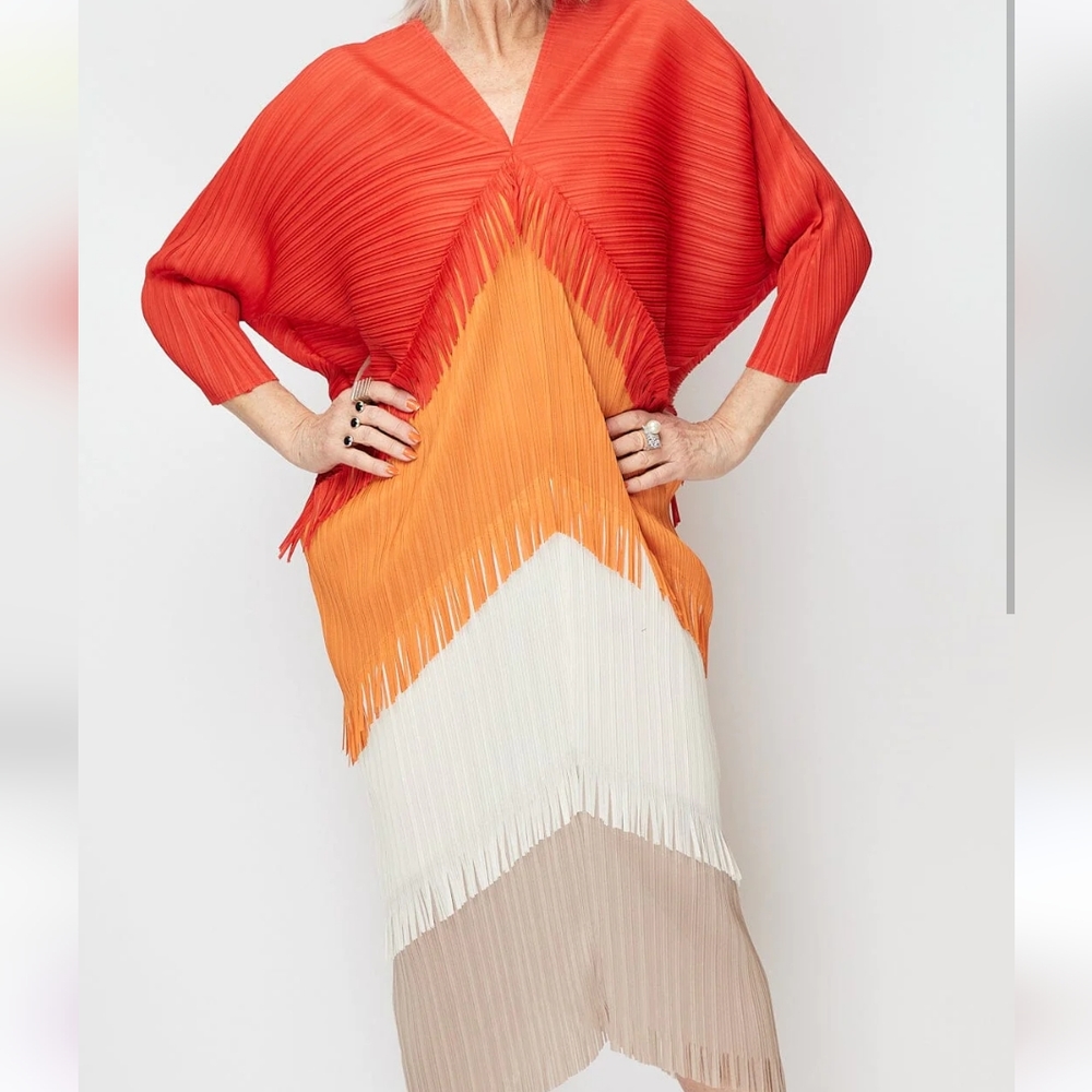 Kate Hewko Tiered Tassel Dress Accordion Pleated w/ Fringe Color Block